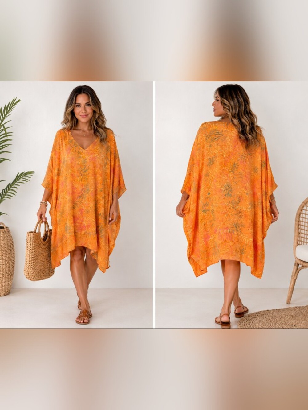 Island Planet Orange Tropical Beaded Caftan Cover Up One Size  XXXL Beach Resort